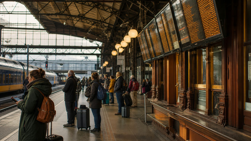 Reizigers op het perron van Amsterdam Centraal wachten bij een treinverstoring op de verbinding naar Schiphol