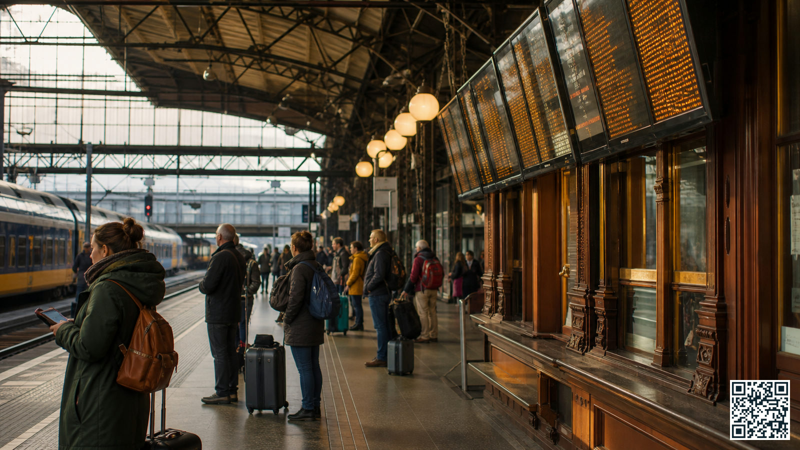 Reizigers op het perron van Amsterdam Centraal wachten bij een treinverstoring op de verbinding naar Schiphol