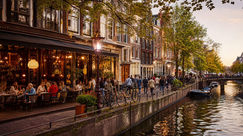 Gezellige restaurantstraat nabij Amsterdam Centraal met terrasjes langs het water en typische Amsterdamse gevels