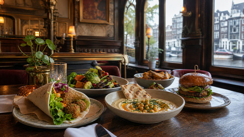 Kleurrijke vegetarische en vegan gerechten op een restauranttafel nabij Amsterdam Centraal Station
