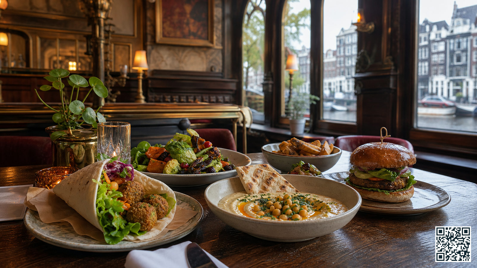 Kleurrijke vegetarische en vegan gerechten op een restauranttafel nabij Amsterdam Centraal Station