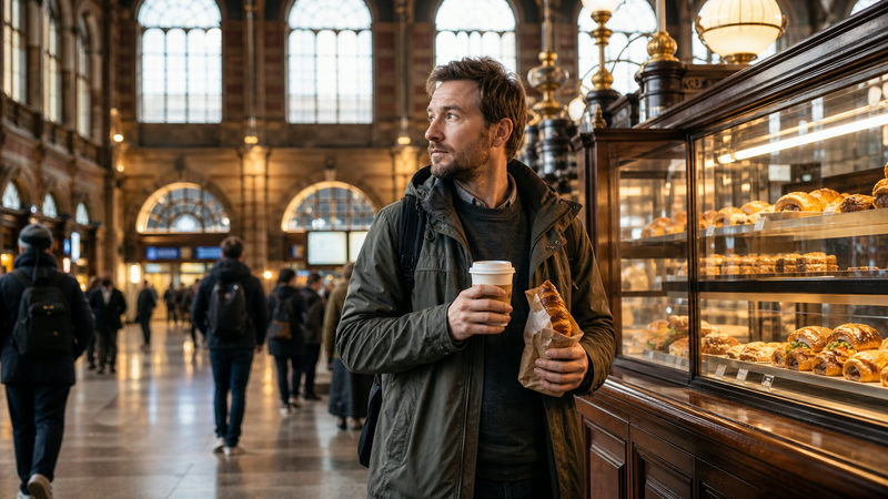 Reiziger met koffie en croissant bij een eetpunt in Amsterdam Centraal Station vroeg in de ochtend