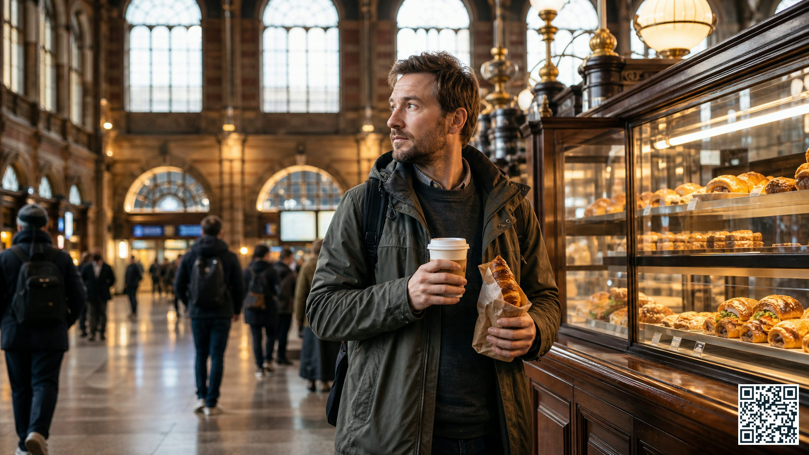 Reiziger met koffie en croissant bij een eetpunt in Amsterdam Centraal Station vroeg in de ochtend