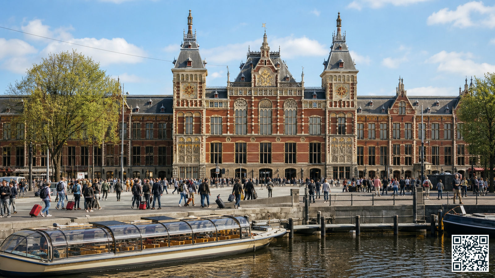 Voorgevel van Amsterdam Centraal Station gezien vanaf het Stationsplein, met reizigers met koffers op de voorgrond en het IJ op de achtergrond