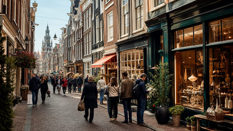 Drukke voetgangerswinkelstraat in het historische centrum van Amsterdam met traditionele grachtenpanden en winkelende bezoekers