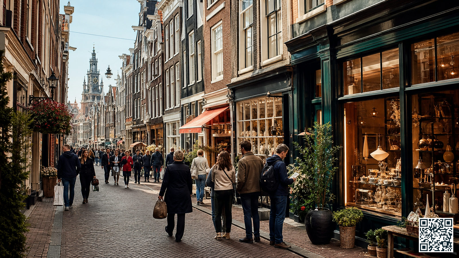 Drukke voetgangerswinkelstraat in het historische centrum van Amsterdam met traditionele grachtenpanden en winkelende bezoekers