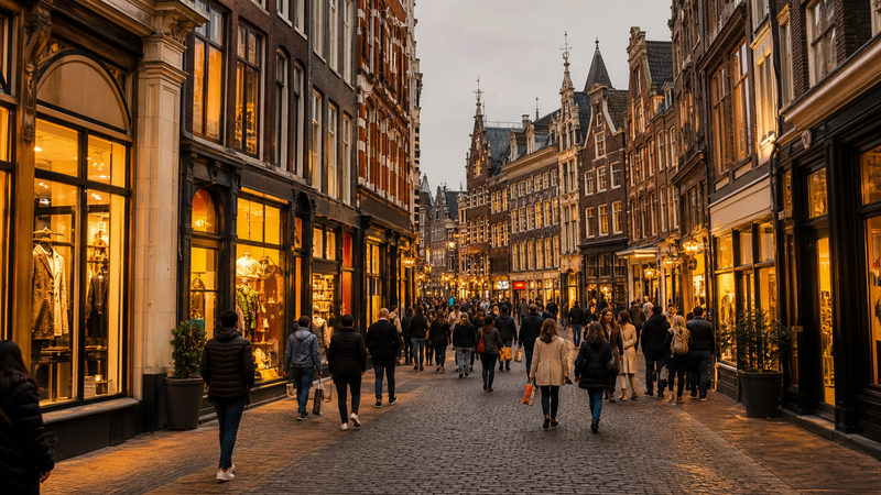 Drukke winkelstraat in Amsterdam Centrum met verlichte etalages op koopavond