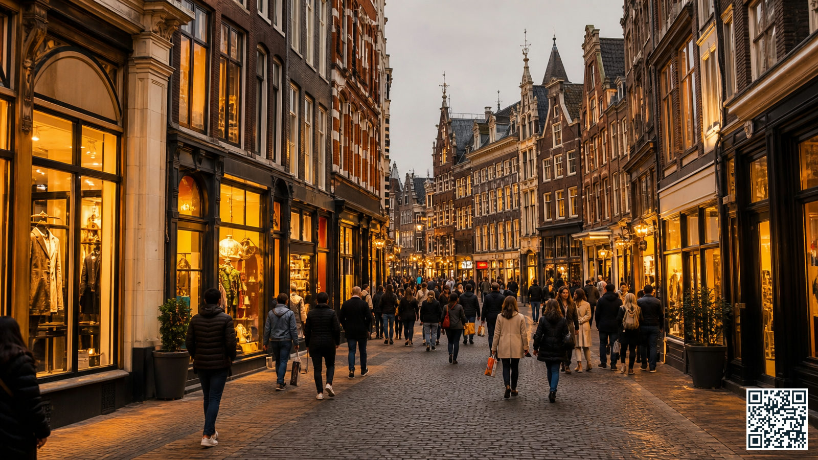 Drukke winkelstraat in Amsterdam Centrum met verlichte etalages op koopavond