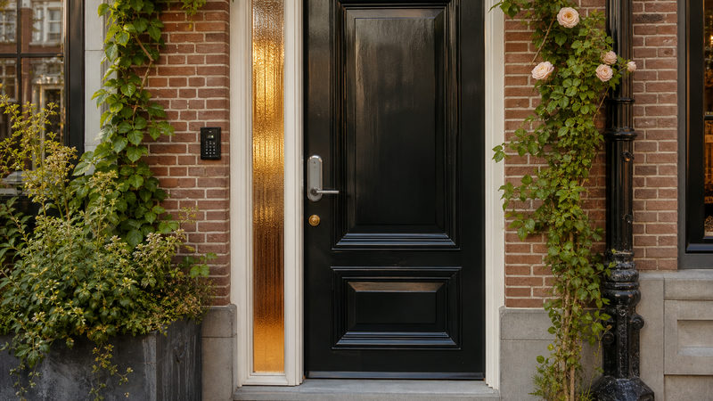 Beveiligde voordeur van een Nederlandse woning met modern slot en alarmkastje