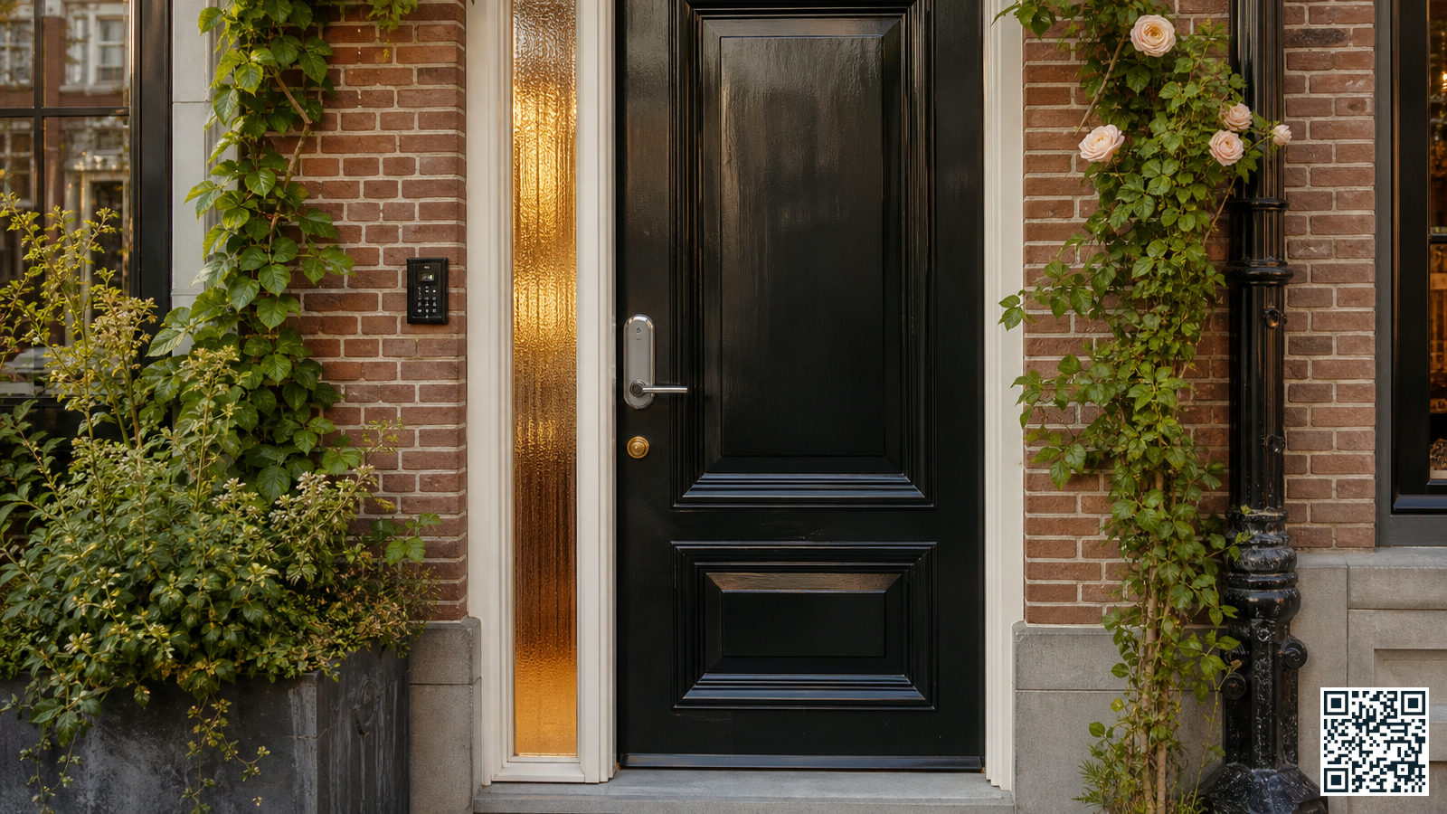 Beveiligde voordeur van een Nederlandse woning met modern slot en alarmkastje